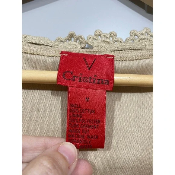 V Cristina Crochet Knit Top Women Size Medium Tan Good Boho Lace Tie Front V107 - Picture 2 of 6